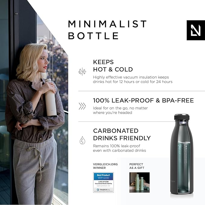 LARS NYSØM Stainless Steel Insulated Water Bottle 12oz 17oz 25oz 34oz 51oz | BPA-free Insulated Thermo Flask for Hot and Cold Beverages | Leakproof Drinking Bottle (Onyx Black, 17oz)