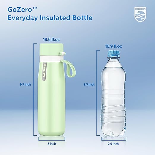 PHILIPS Filtered Water Bottle, Insulated Stainless Steel Water Purifier Bottle for Daily Life & Travel, BPA Free with GoZero Everyday Filter for Cleaner Tastier Tap Water, Keeps Cold, 18.6 oz Green