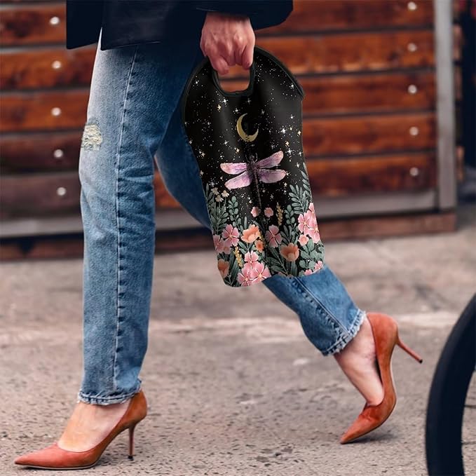 doginthehole Dragonfly Wine Carrier Tote Bag 2 Bottle Insulated Neoprene Wine/Water Bottle Holder Moon Print Wine Carrier Tote Bag Flower Pattern Champagne Carrying Bag Gift for Women Wine Love