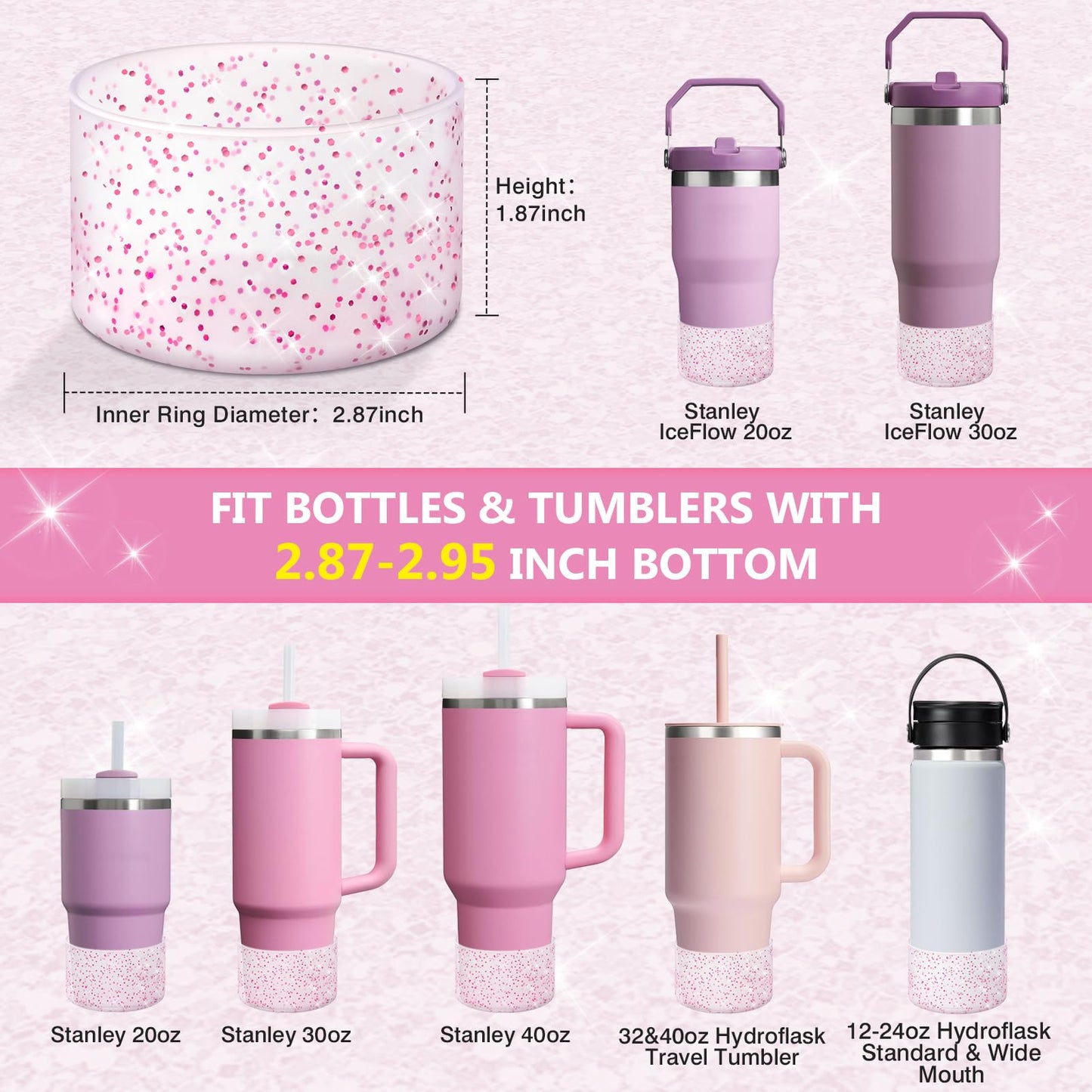 WUQID Protective Bling Silicone Boot Sleeve, Compatible with Stanley Tumbler 20-40oz & Hydro Flask Bottle 12oz-24oz, Glitter Reduces Dents Sleeve Cover for More Bottles/Tumblers Bottom of 2.83-2.95in