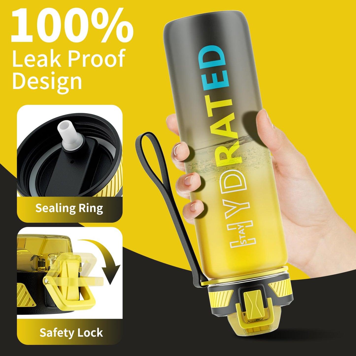 QLUR Water Bottle with Straw, 27 oz Motivational Water Bottles with Time Marker to Drink, Tritan BPA Free, 800ml Sports Water Bottle with Carry Strap LeakProof for School Fitness Outdoor (1Pack)