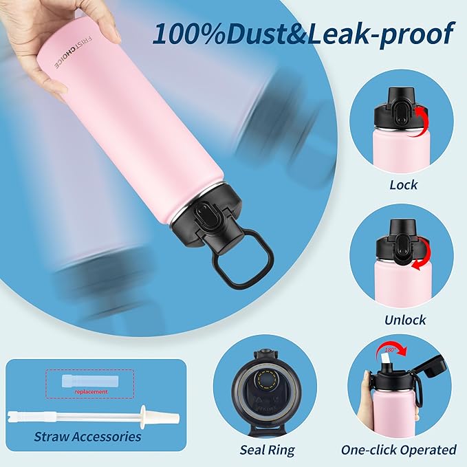 Insulated water bottle with Straw,24oz Stainless Steel Water Bottle for Adult Kids,Double Wall Vacuum Wide Mouth Insulated Water Bottle for Sports,BPA-free and Leak-proofοΌ24oz,PinkοΌ