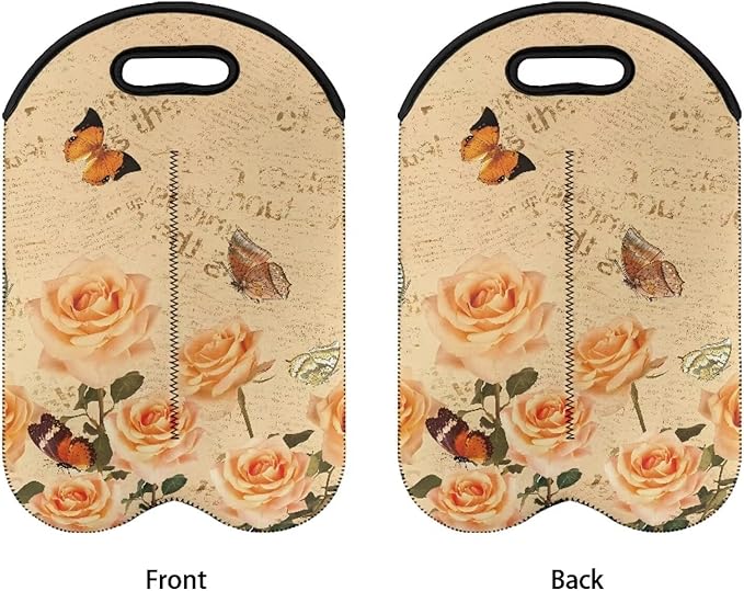 doginthehole 2 Bottle Neoprene Wine/Water Bottle Holder Vintage Yellow Rose Butterfly Print Wine Protective Case for Women Wine Lovers Portable Wine Carrier Tote Bag for Travel Picnic Dinner Wedding