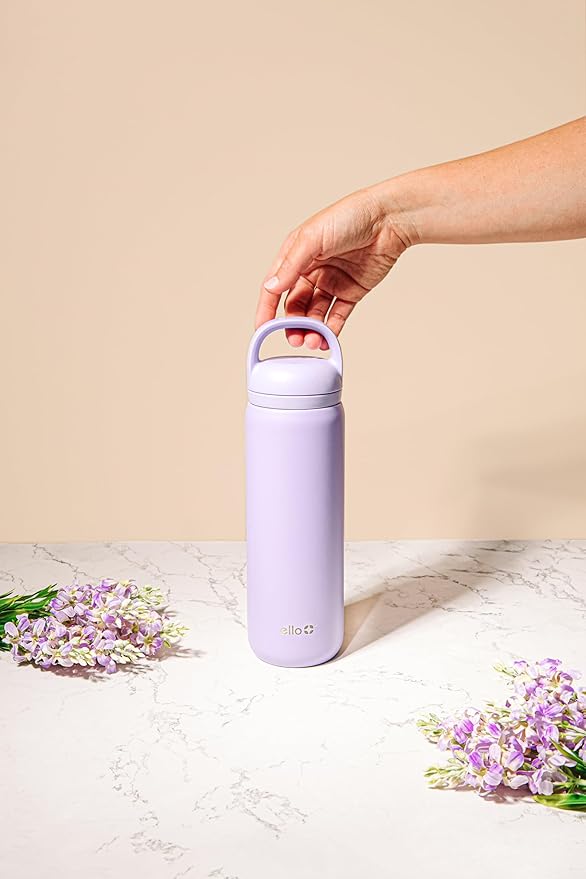 Ello Cooper Twist 18oz Kids Stainless Steel Water Bottle with Chug Lid | Leak Proof Double Walled and Vacuum Insulated | Fits Car Cupholder | Built in Carry Loop | Dishwasher Safe | Lilac