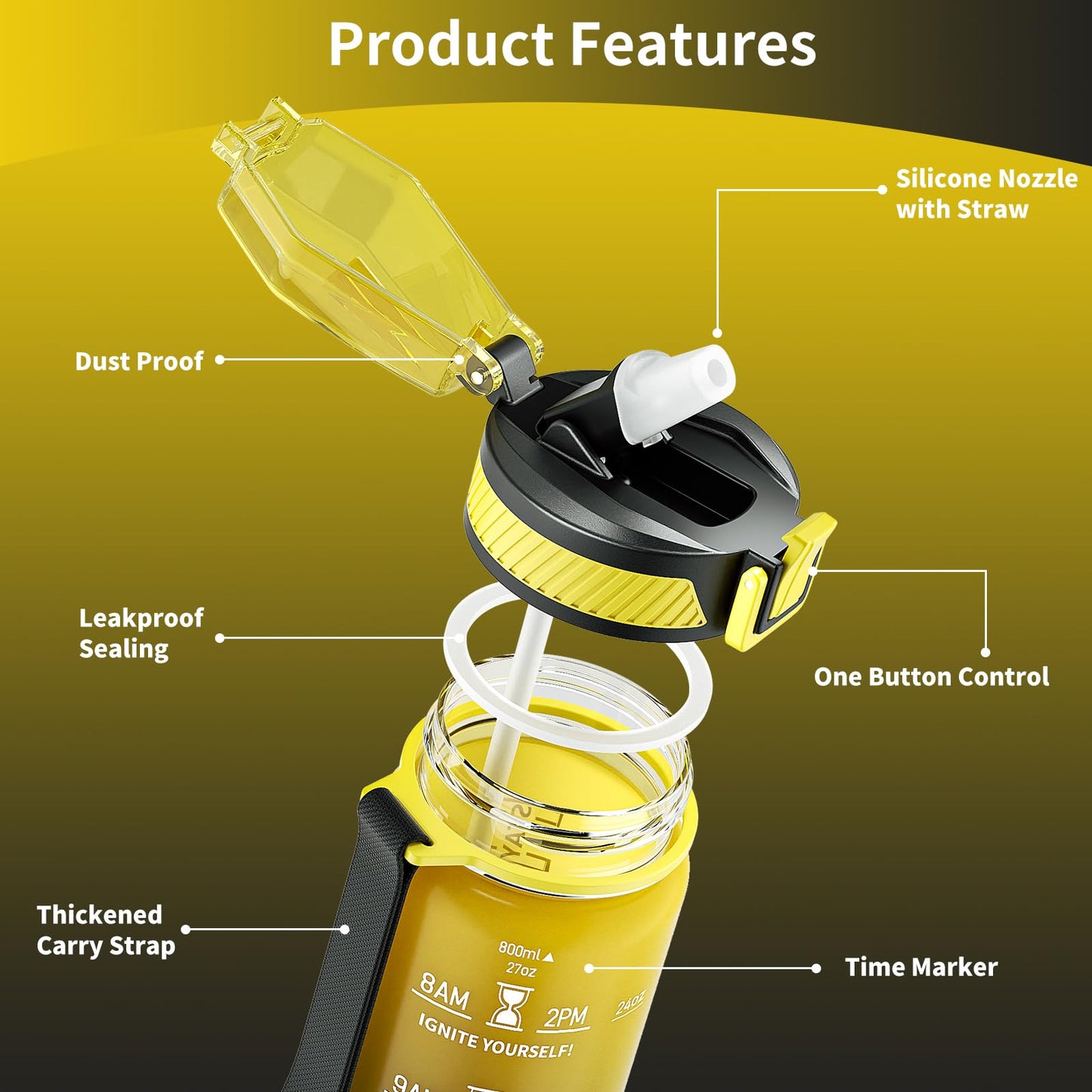 QLUR Water Bottle with Straw, 27 oz Motivational Water Bottles with Time Marker to Drink, Tritan BPA Free, 800ml Sports Water Bottle with Carry Strap LeakProof for School Fitness Outdoor (1Pack)