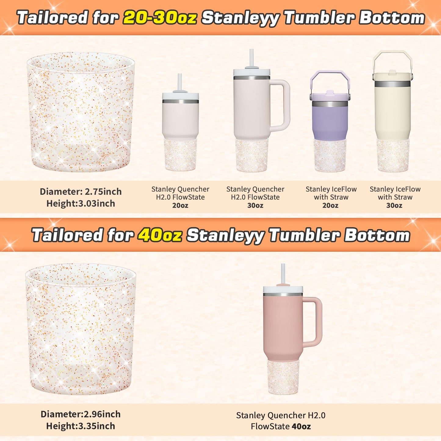 WUQID Glitter Higher Silicone Boot Compatible with Stanley Quencher H2.0 40oz 30oz 20oz & IceFlow Flip 30oz 20oz, Tumbler Cups Anti-Slip Bottom Sleeve Cover