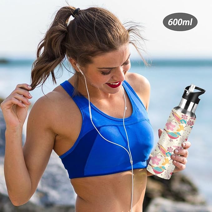 ALAZA Floral Birds Print Water Bottle With Straw Lids Boys Girls,Vacuum Insulated Leakproof Stainless-Steel Sports Bottle Thermal Flask For Gym Yoga Camping,34Oz (1000Ml)