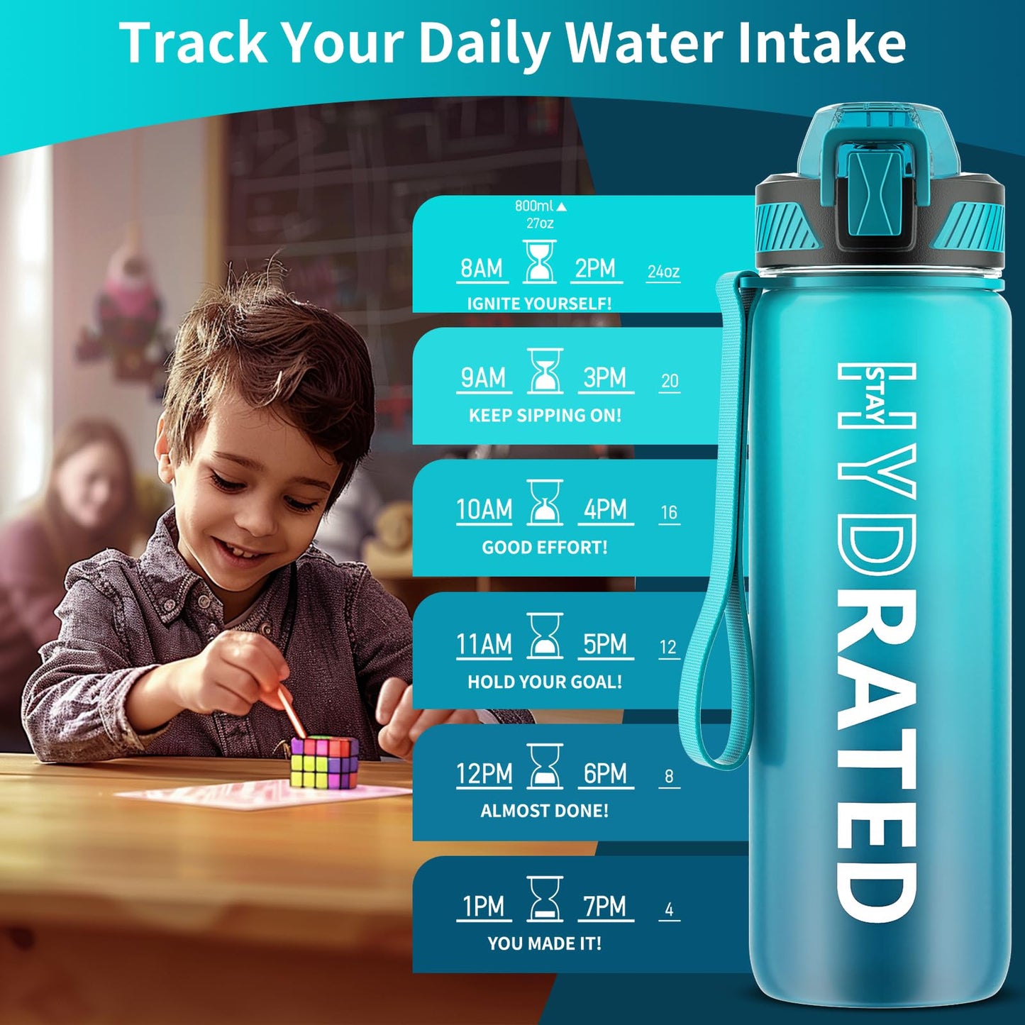 QLUR Water Bottle with Straw, 27 oz Motivational Water Bottles with Time Marker to Drink, Tritan BPA Free, 800ml Sports Water Bottle with Carry Strap LeakProof for School Fitness Outdoor (1Pack)