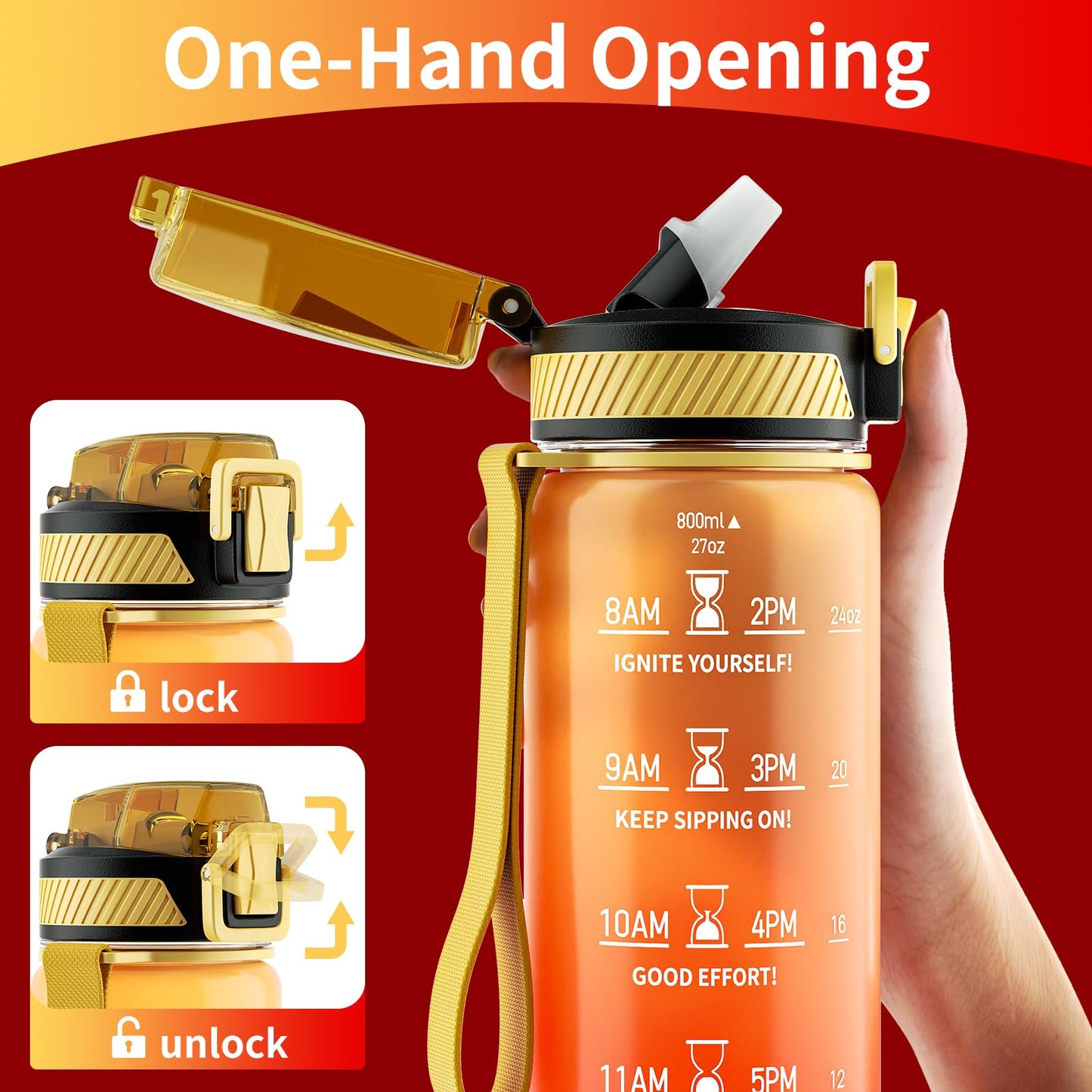 QLUR Water Bottle with Straw, 27 oz Motivational Water Bottles with Time Marker to Drink, Tritan BPA Free, 800ml Sports Water Bottle with Carry Strap LeakProof for School Fitness Outdoor (1Pack)