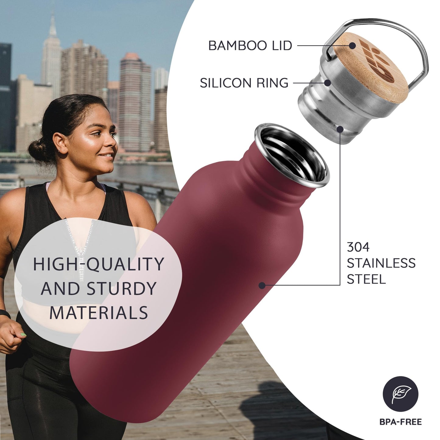 Bambaw 16 oz Water Bottle Non-insulated, Metal Water Bottle Red, Single Walled Stainless Steel Water Bottle, Leak Proof Water Bottle for School, BPA Free Water Bottle no Straw – Red Berry