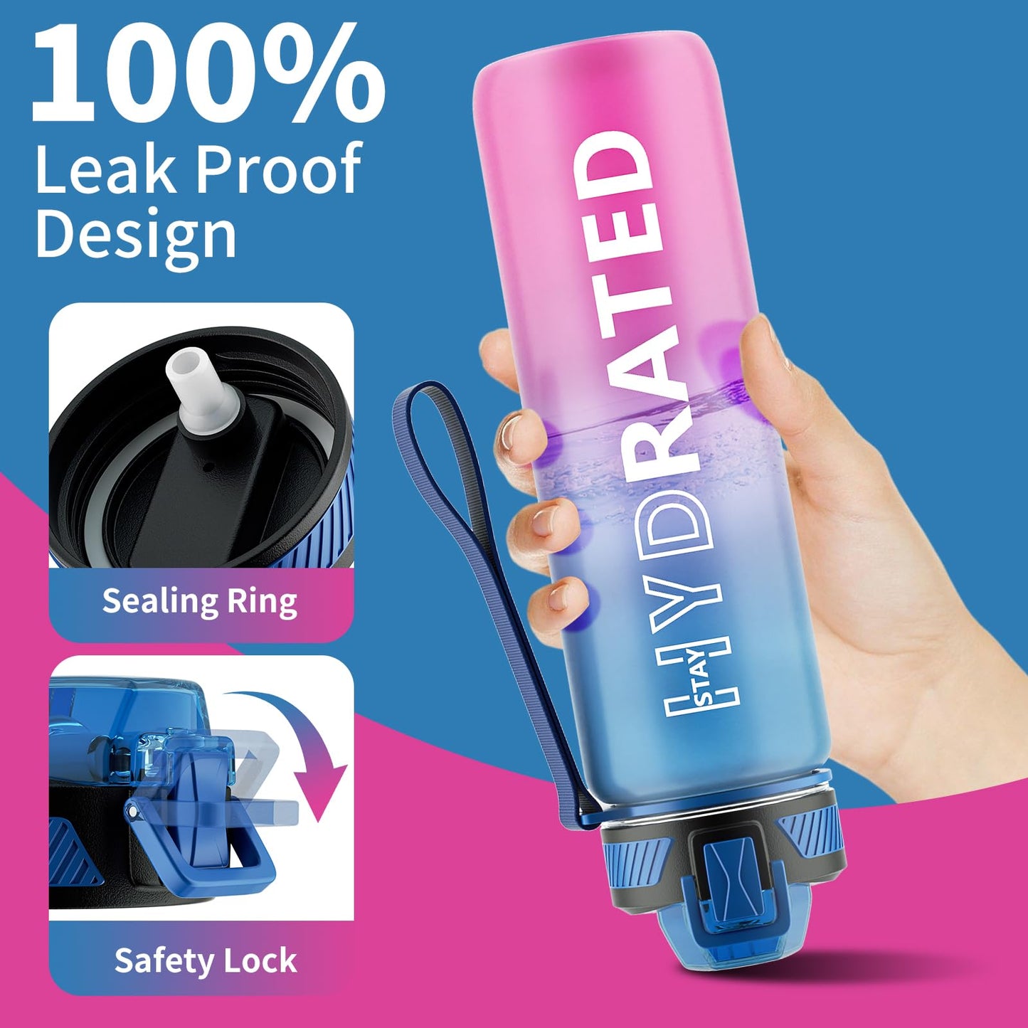 QLUR Water Bottle with Straw, 32 oz Motivational Water Bottles with Time Marker to Drink, Tritan BPA Free, 1L Sports Water Bottle with Carry Strap LeakProof for Women Gym Fitness Outdoor (1 Pack)