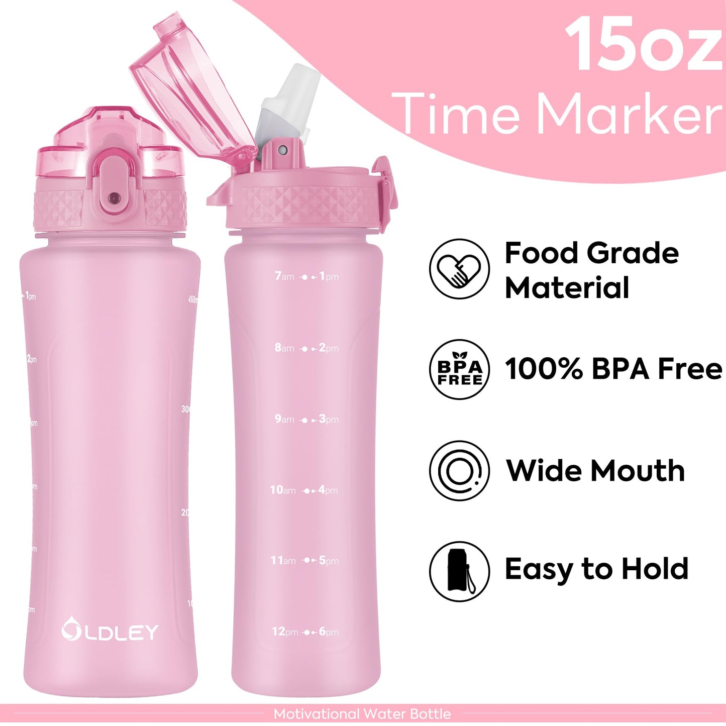 OLDLEY Kids Water Bottle with Straw 15 oz BPA-Free Leak-Proof Motivational Water Bottles with Time Marker for School Sports Travel Gym, Easy to Use for Girls Goys, 1 Straw Lid, Candy Pink