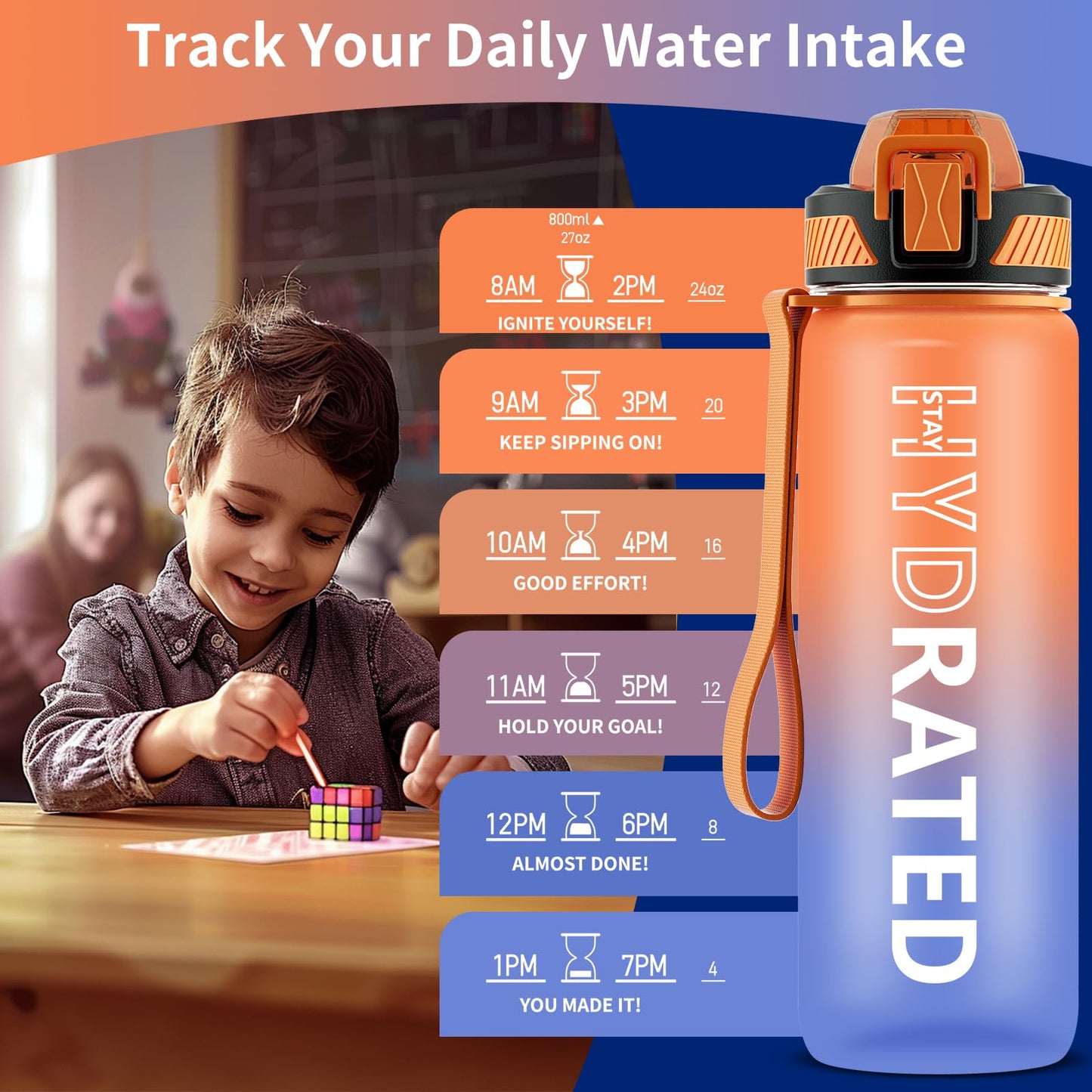 QLUR Water Bottle with Straw, 27 oz Motivational Water Bottles with Time Marker to Drink, Tritan BPA Free, 800ml Sports Water Bottle with Carry Strap LeakProof for School Fitness Outdoor (1Pack)