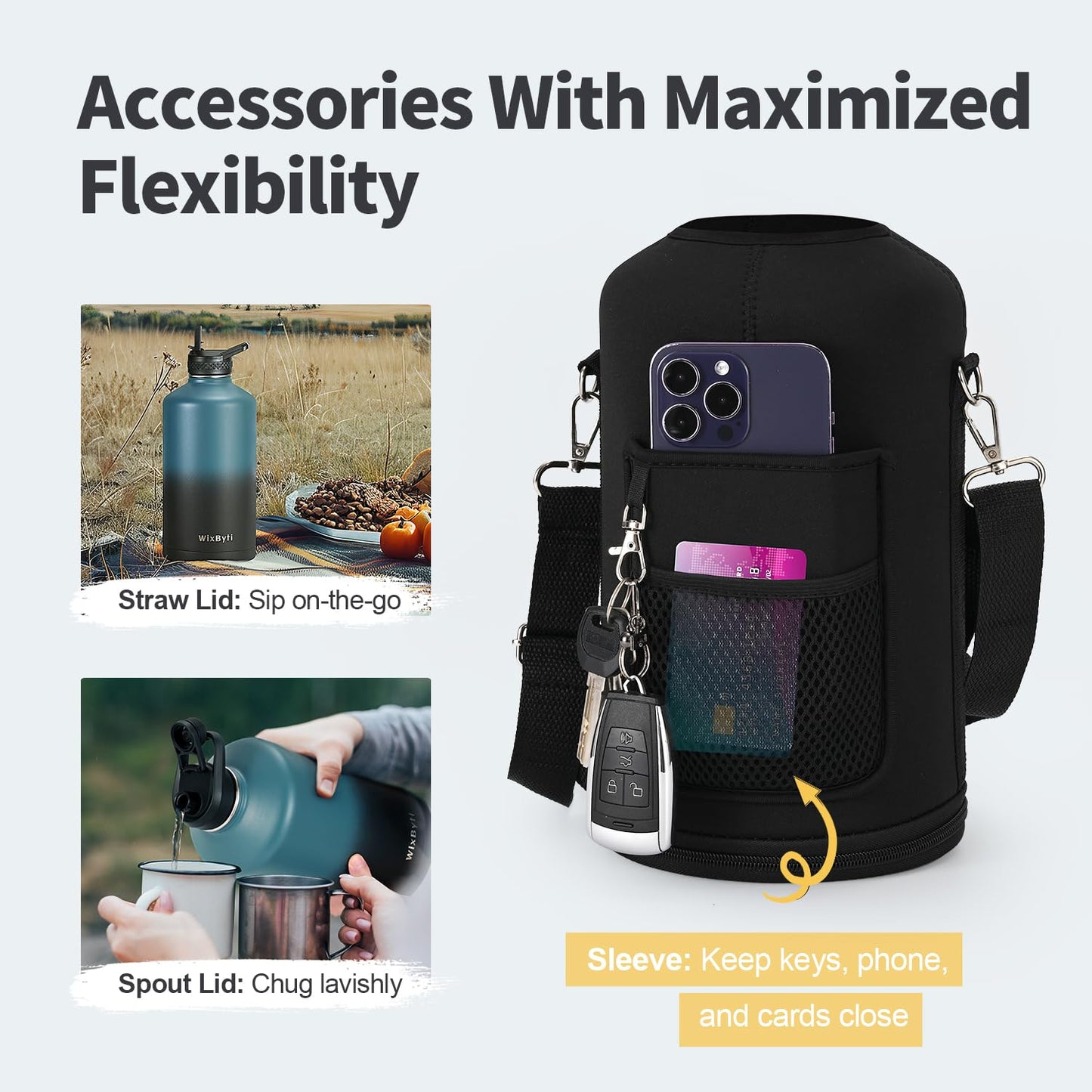 WixByti One Gallon Water Bottle Insulated with DIY Stickers, Triple Wall Vacuum Cold for 48 Hrs Leak-proof Non-BPA, 128oz Large Sports Stainless Steel Water Jug with Paracord Handle Straw Spout Lids