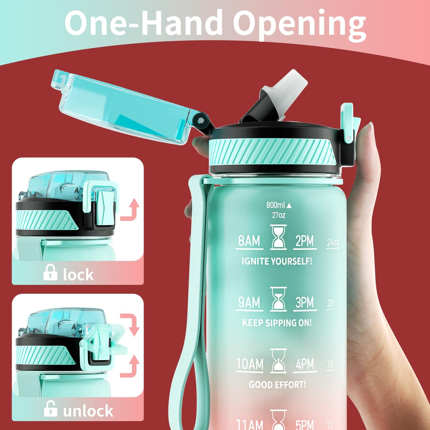 QLUR Water Bottle with Straw, 27 oz Motivational Water Bottles with Time Marker to Drink, Tritan BPA Free, 800ml Sports Water Bottle with Carry Strap LeakProof for School Fitness Outdoor (1Pack)