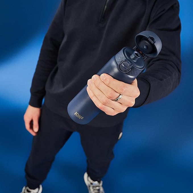 ION8 Steel Water Bottle, 600 ml/20 oz, Leak Proof, Easy to Open, Secure Lock, Dishwasher Safe, Flip Cover, Fits Cup Holders, Carry Handle, Durable, Scratch Resistant, Carbon Neutral, Navy Blue