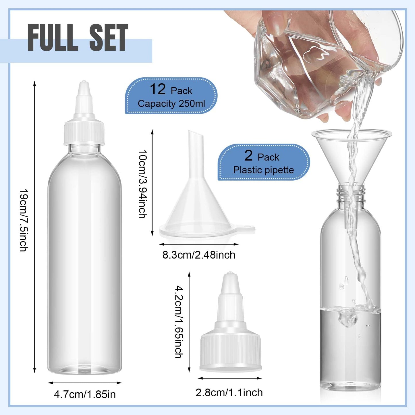Barydat 12 Pcs Applicator Bottles for Hair, Squeeze Hair Oil Applicator Bottle Refillable Empty Plastic Bottles, Twist on Top Cap with Open Close Nozzle and 2 Funnels(8 oz,Clear)