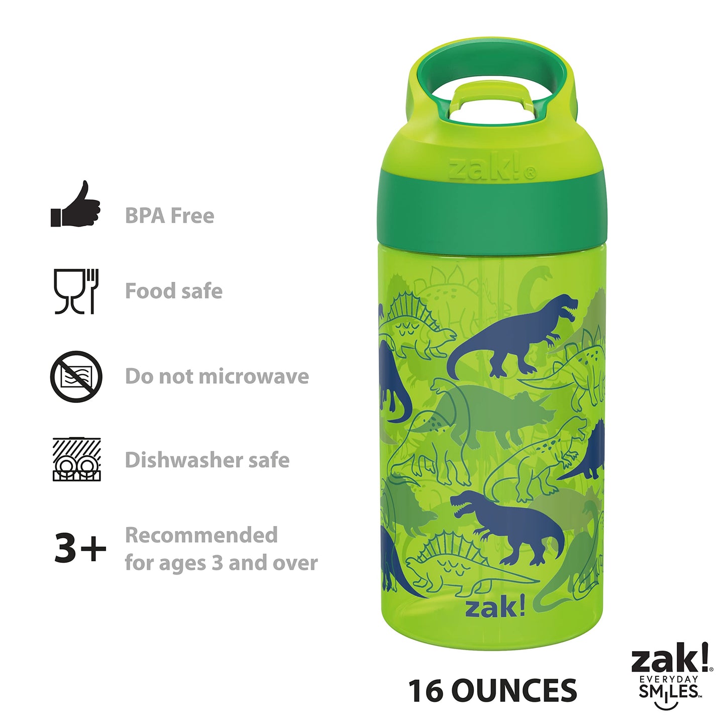 Zak Designs 16oz Riverside Kids Water Bottle with Spout Cover and Built-in Carrying Loop, Made of Durable Plastic, Leak-Proof Water Bottle Design for Travel (Unicorn & Dino Camo, Pack of 2)