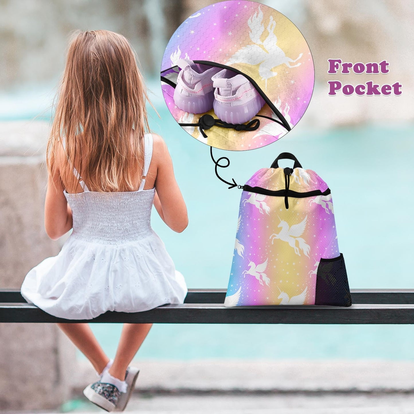 Britown Unicorn Starry Rainbow Gym Drawstring Backpack Waterproof Cute Love Girl Swimming Beach Sackpack, Sports Yoga Dance Travel String Bag Birthday Gift Bags with Water Bottle Pocket