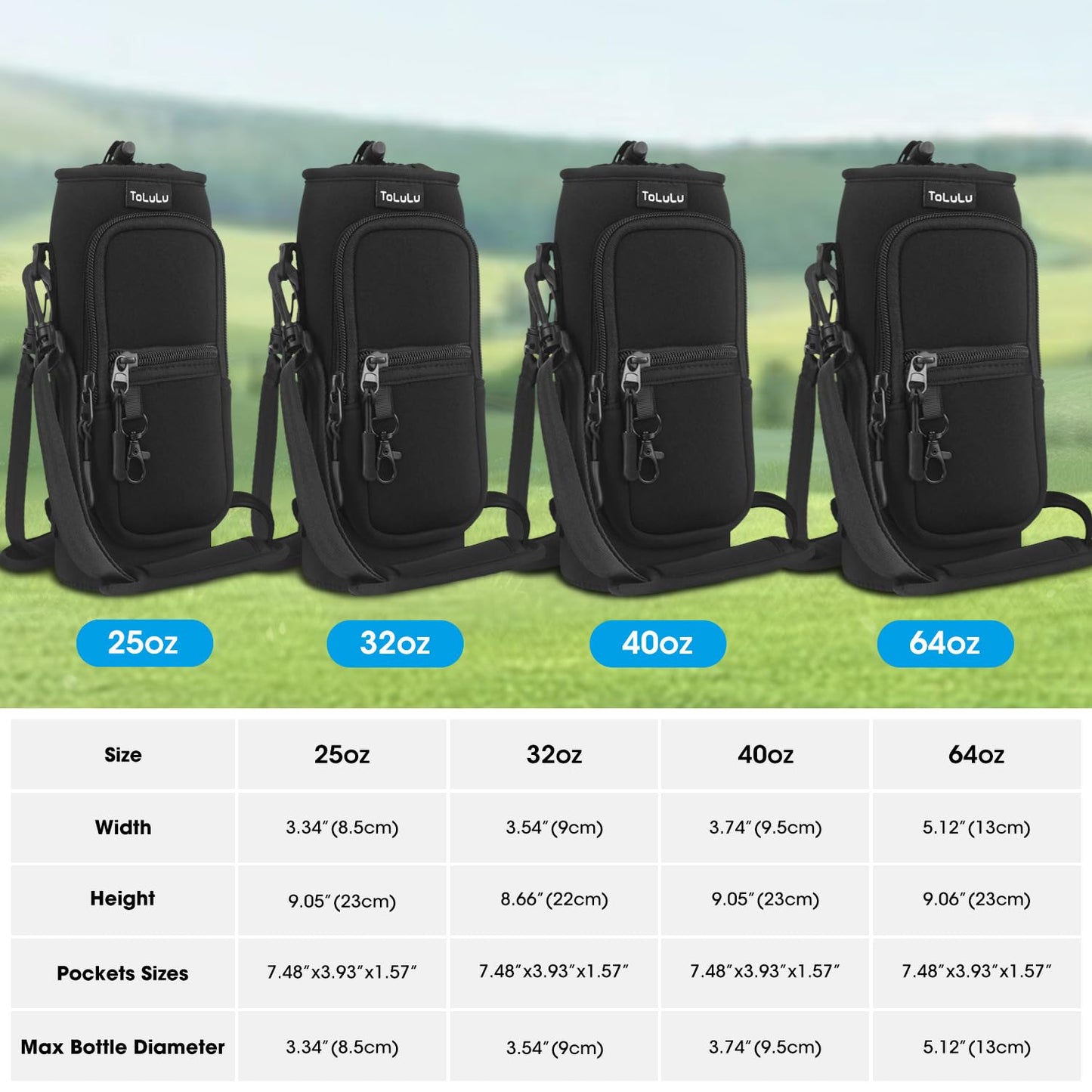 ToLuLu 25/32oz Water Bottle Carrier Bag with Phone Pocket,Insulated Neoprene Adjustable Shoulder Strap Water Bottle Pouch Case, Crossbody Water Bottle Holder Sling Sleeve for Men Women Kids, Black