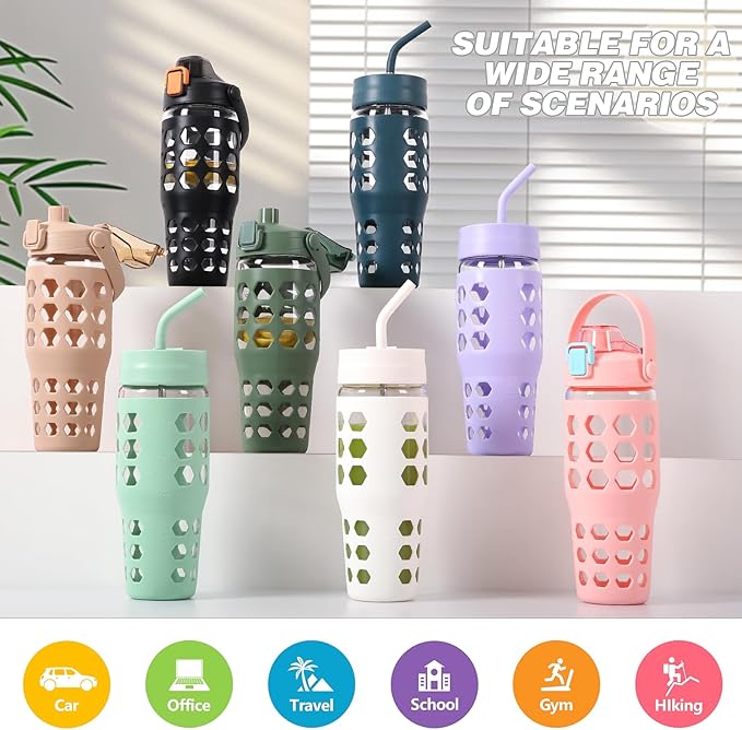 MUKOKO 32 oz Glass Tumbler with Straw,Glass Water Bottles with Time Marker,Iced Coffee Cup with 2 Lids-Handle Spout Lid&Straw Lid,Silicone Sleeve,Leakproof,1 Pack-White