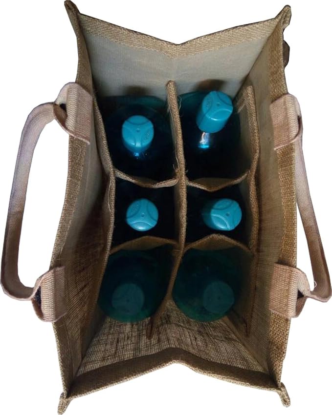 KVR natural Jute burlap wine beer water bottle cum can carrier bag with option to use as Grocery & lunch bag, Eco Environment Friendly versatile flexible (6 bottle bag, natural)