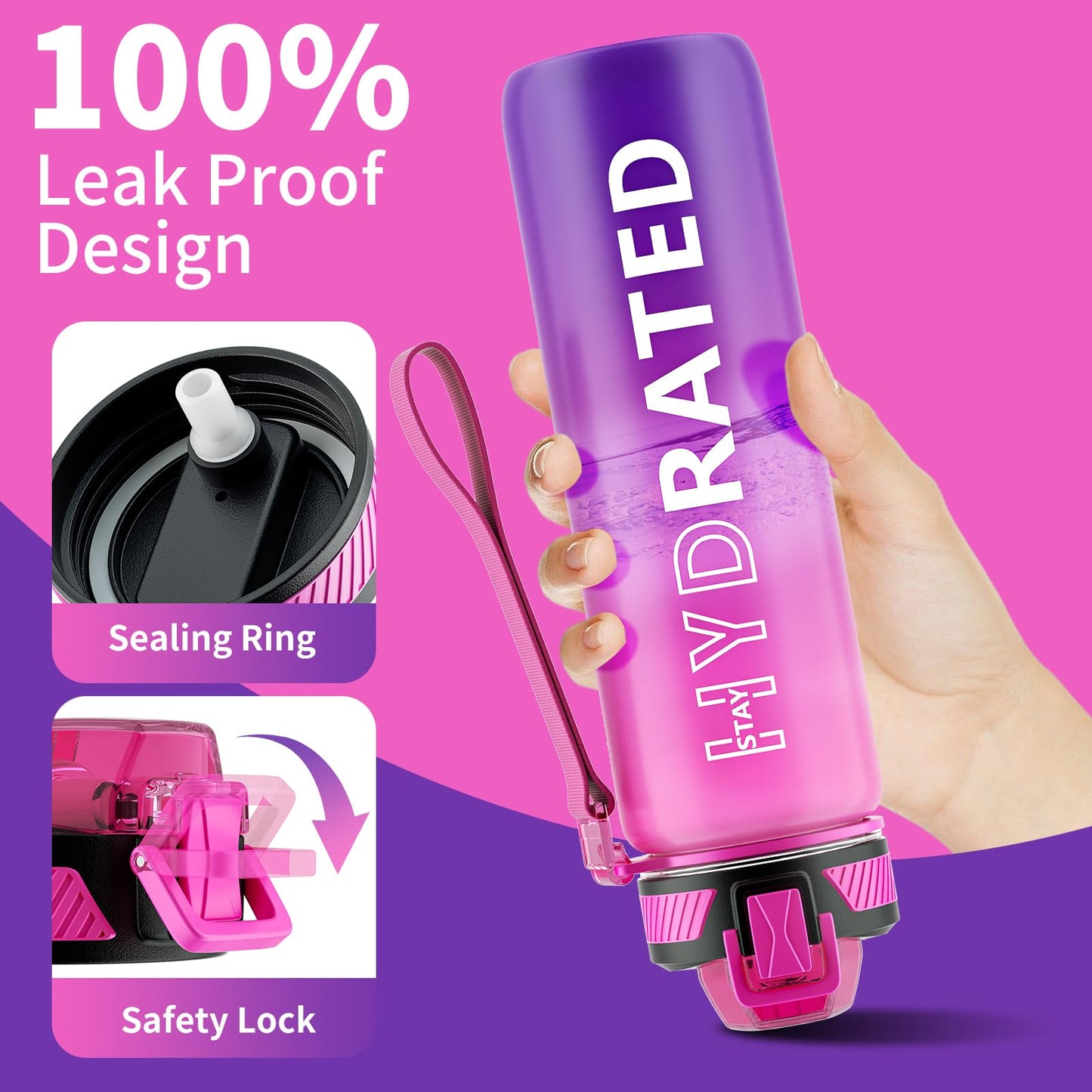 QLUR Water Bottle with Straw, 32 oz Motivational Water Bottles with Time Marker to Drink, Tritan BPA Free, 1L Sports Water Bottle with Carry Strap LeakProof for Women Gym Fitness Outdoor (1 Pack)