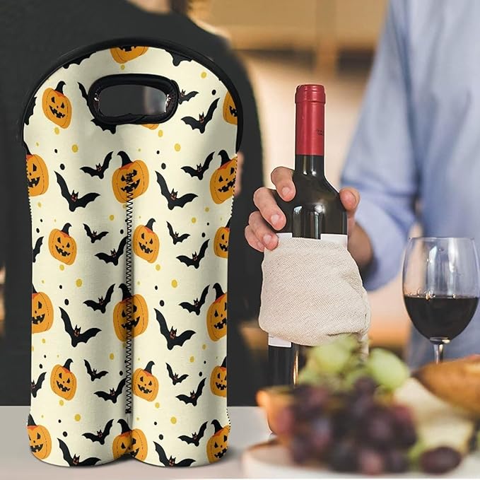 doginthehole 2 Bottle Wine Carrier Tote Halloween Pumpkin Bats Print Wine Bottle Protector Bag Portable Neoprene Wine/Beer/Champagne/Water Bottle Holder for Travel with Handle