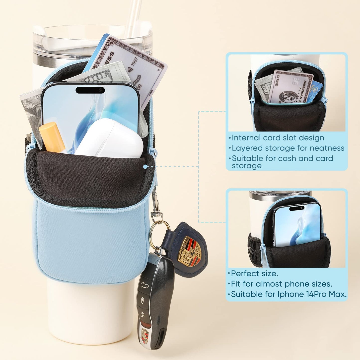 Water Bottle Pouch For Stanley, Gym Tumbler Accessories for Women, Compatible With Stanley Quencher Adventure 40oz & IceFlow 20/30oz, Workout Outdoor Pocket Phone, Card, Keys, Cash (Leopard-print)