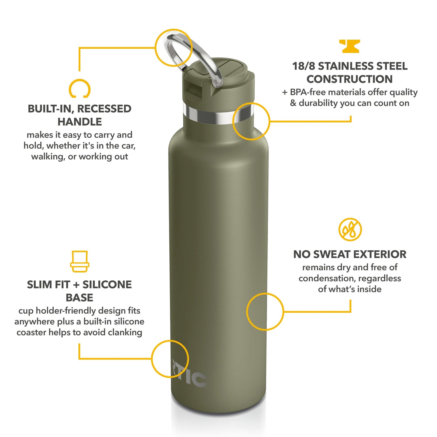 RTIC 20oz Journey Bottle Metal Stainless Steel Vacuum Insulated, BPA Free, Reusable, for Water, Hot and Cold Drinks, Travel, Sports, Camping, Olive