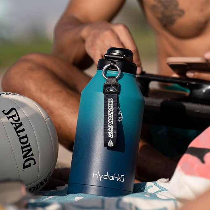 64 oz Insulated Water Bottle With Straw Pop-up & Auto Spout Lid, Flex Handel, Waterbottle Strap Carrier, Half Gallon Stainless Steel Water Hydro Jug Thermo Flask(Chive Green)