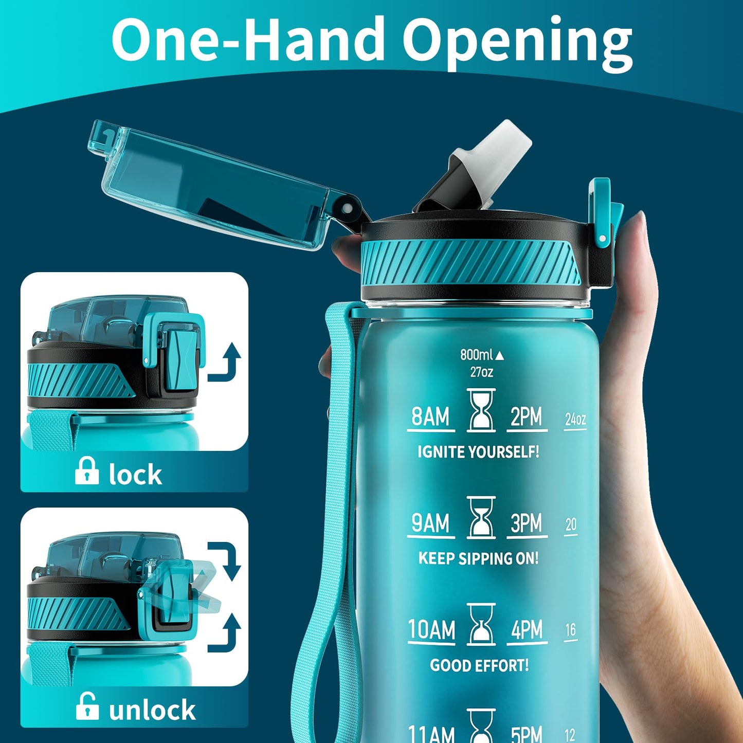 QLUR Water Bottle with Straw, 27 oz Motivational Water Bottles with Time Marker to Drink, Tritan BPA Free, 800ml Sports Water Bottle with Carry Strap LeakProof for School Fitness Outdoor (1Pack)