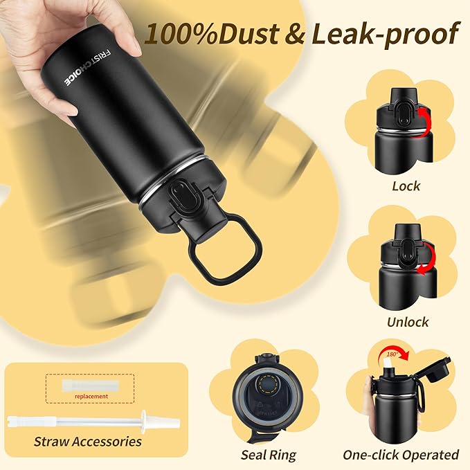 Kids Insulated Water Bottle with Straw,14oz Stainless Steel Water Bottle,BPA-free and Leak-proof,Double Wall Vacuum Water Flask for School,Gifts for Boys and GirlsοΌ14oz,BlackοΌ