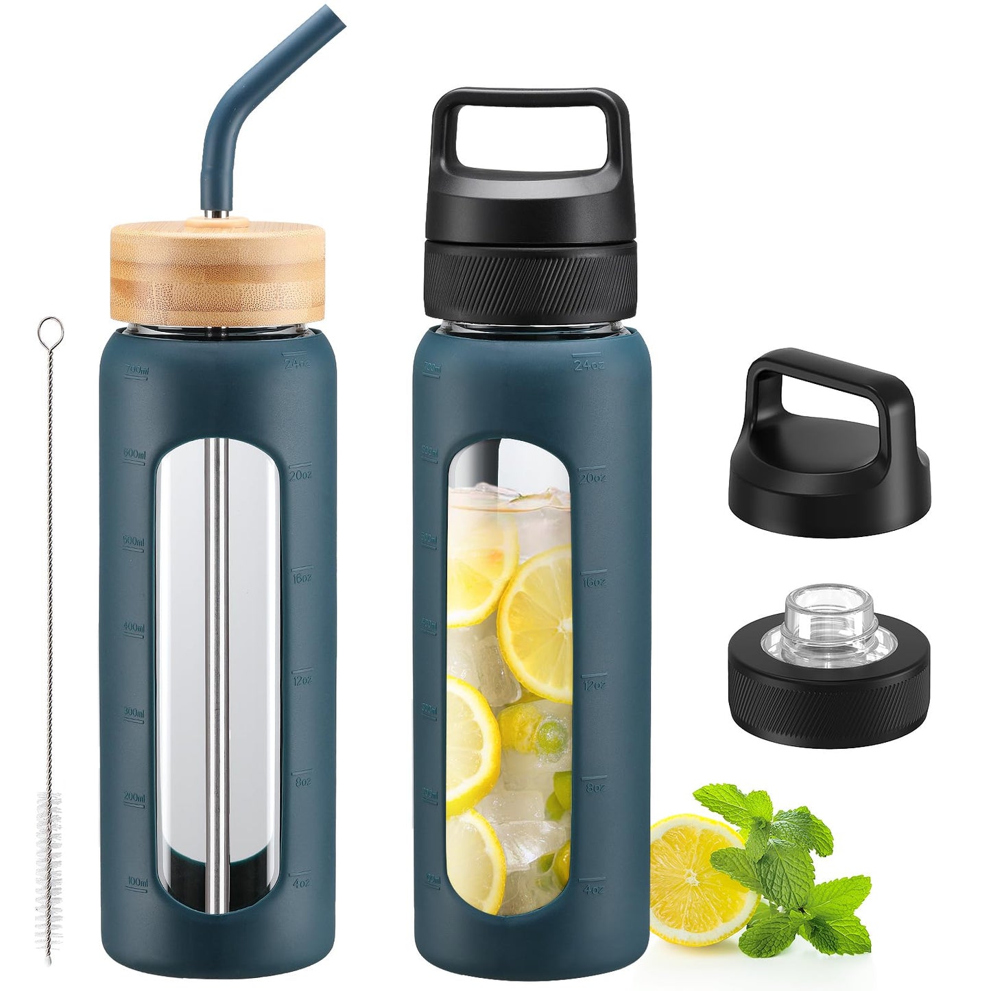 Kodrine 24 oz Glass Water Bottle with Straw, Clear Water Bottle Chug Lid and Bamboo Straw Lid, Borosilicate Glass Bottle 2 Lids Handle Top, Wide Mouth Water Bottle With Silicone Sleeve, Navy Blue