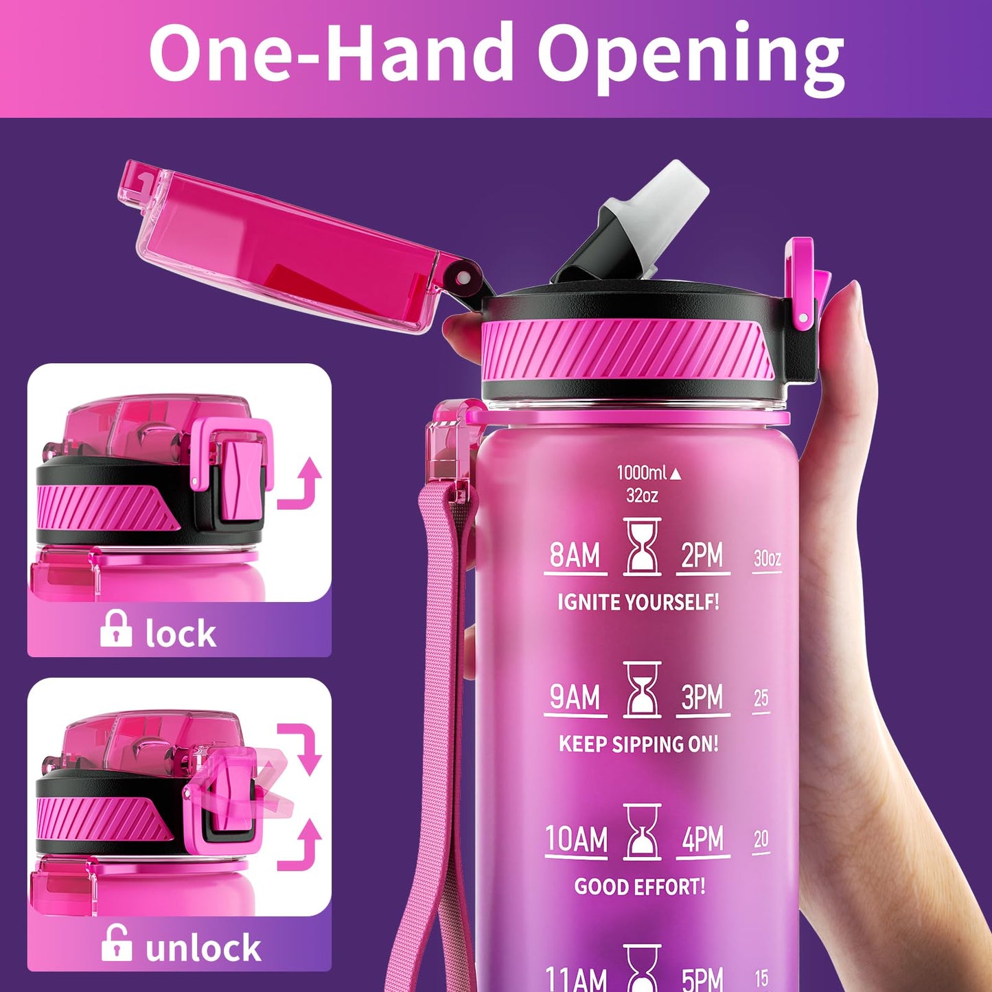 QLUR Water Bottle with Straw, 32 oz Motivational Water Bottles with Time Marker to Drink, Tritan BPA Free, 1L Sports Water Bottle with Carry Strap LeakProof for Women Gym Fitness Outdoor (1 Pack)