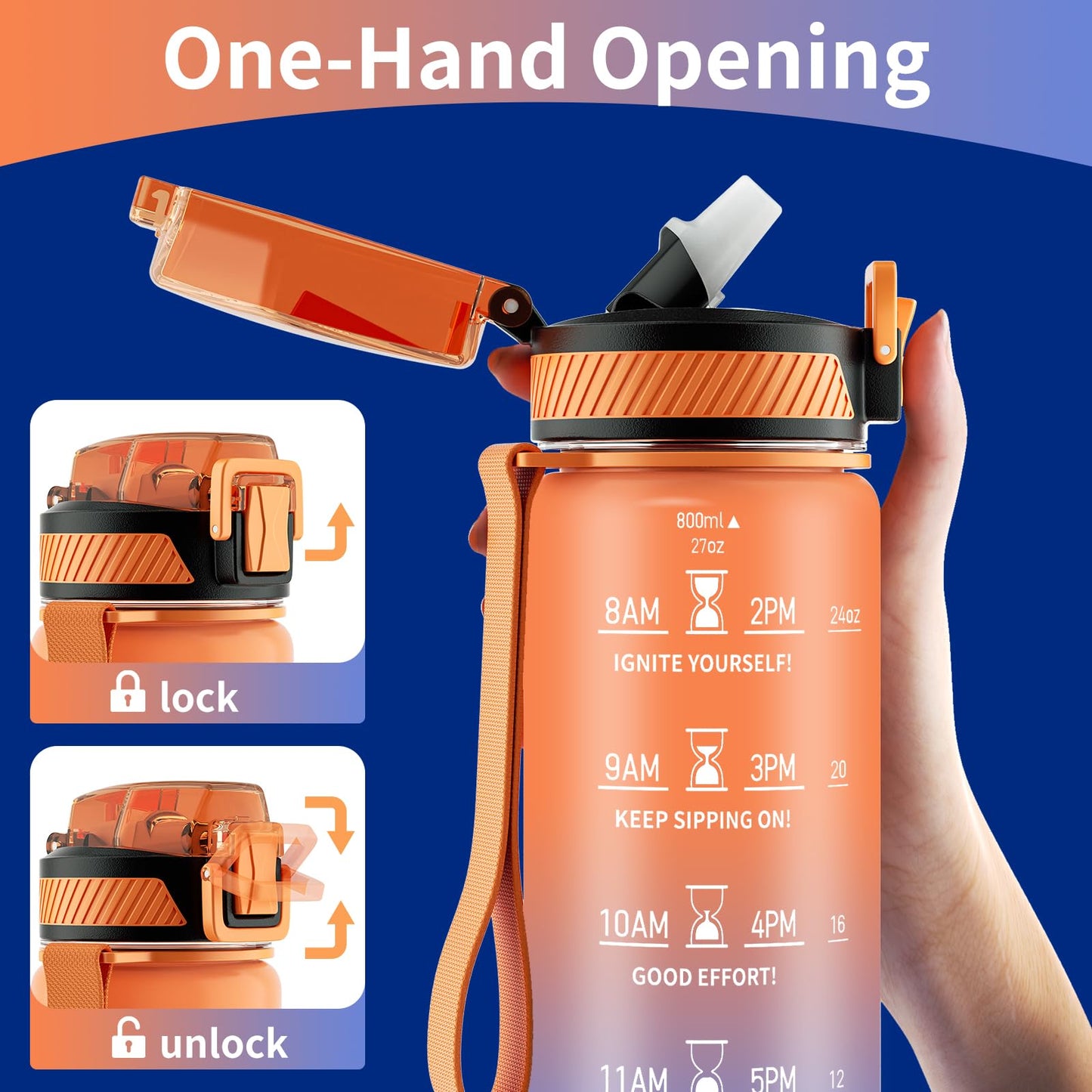 QLUR Water Bottle with Straw, 27 oz Motivational Water Bottles with Time Marker to Drink, Tritan BPA Free, 800ml Sports Water Bottle with Carry Strap LeakProof for School Fitness Outdoor (1Pack)