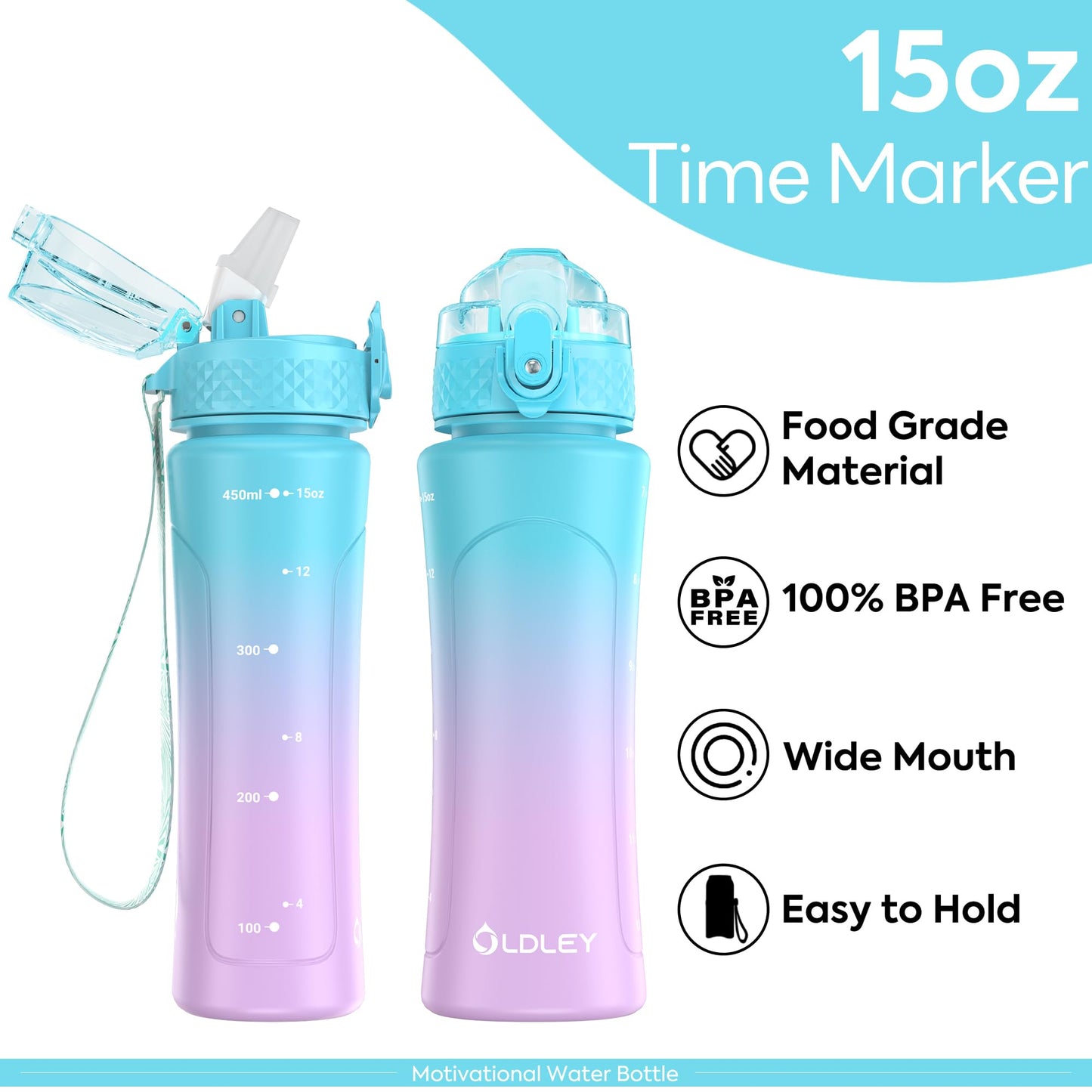 OLDLEY Kids Water Bottle with Straw 15 oz BPA-Free Leak-Proof Motivational Water Bottles with Time Marker for School Sports Travel Gym, Easy to Use for Girls Goys, 1 Straw Lid, Blue Purple