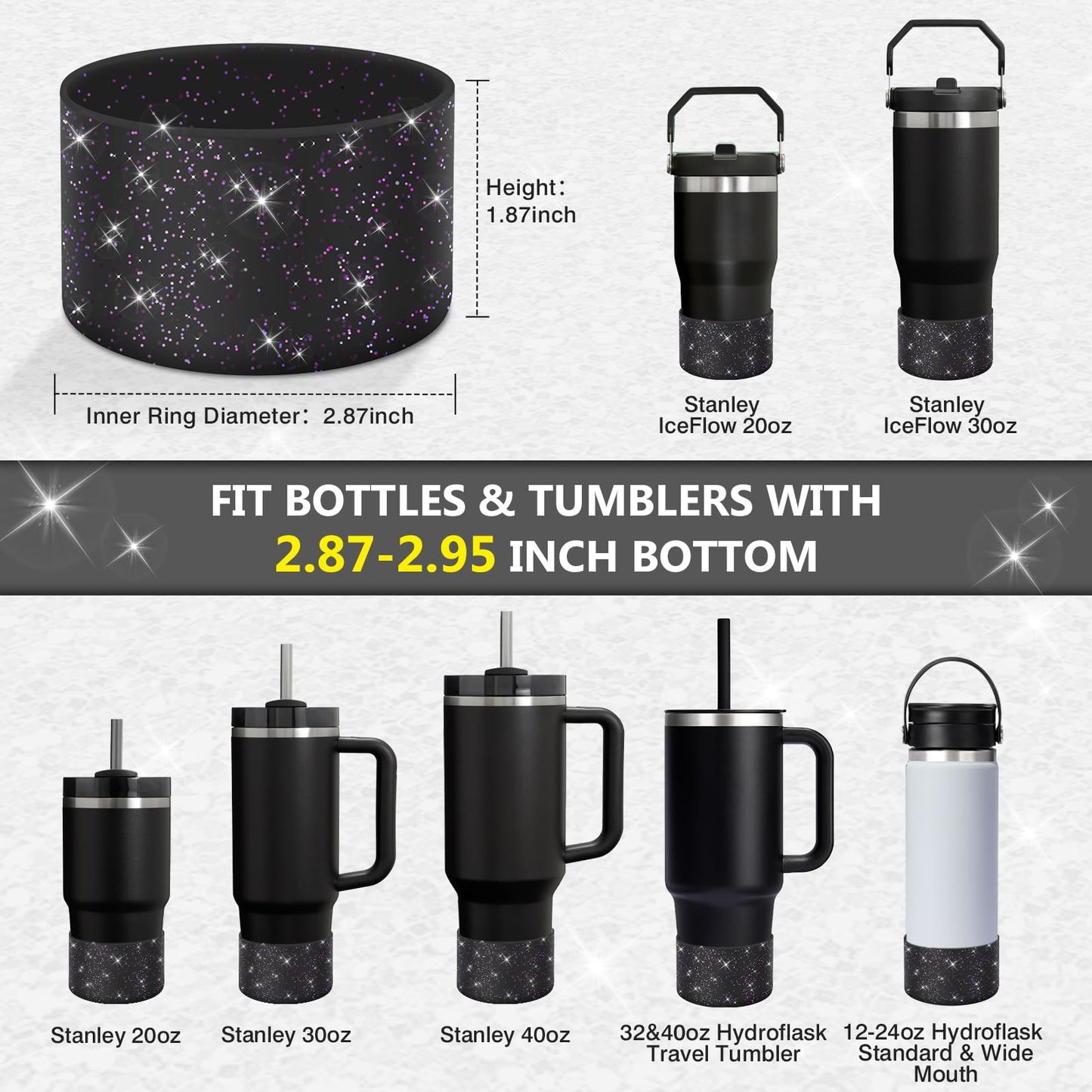 WUQID 2 Pack Bling Silicone Boot Compatible with Stanley Quencher Adventure 40oz & Stanley IceFlow 20oz 30oz, Reduces Dents Protective Silicone Water Bottle Bottom Cover Sleeve