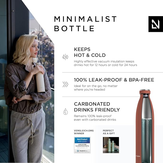 LARS NYSØM Stainless Steel Insulated Water Bottle 12oz 17oz 25oz 34oz 51oz | BPA-free Insulated Thermo Flask for Hot and Cold Beverages | Leakproof Drinking Bottle (Brick Red, 34oz)