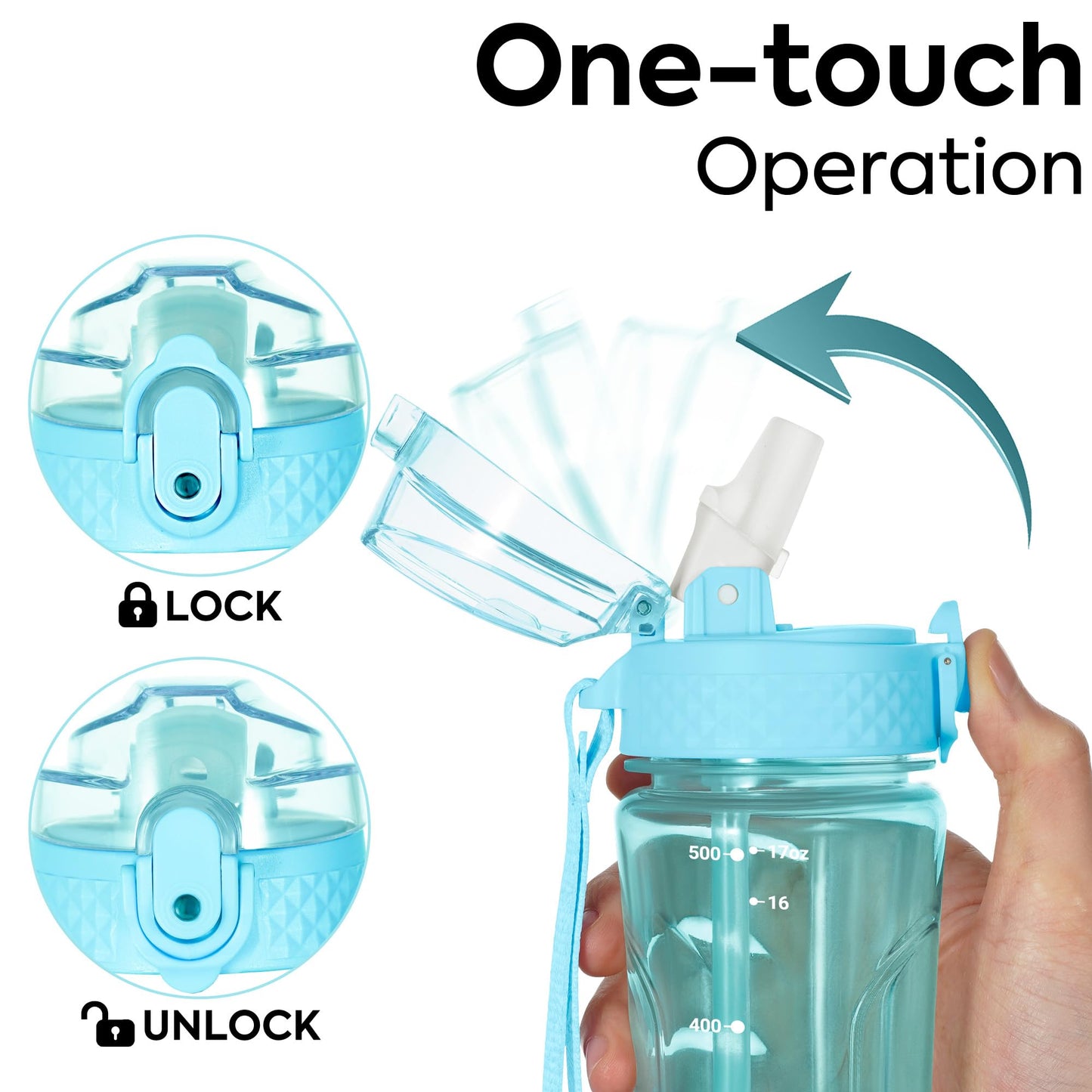 OLDLEY Kids Water Bottle with Straw 15 oz BPA-Free Leak-Proof Motivational Water Bottles with Time Marker for School Sports Travel Gym, Easy to Use for Girls Goys, 1 Straw Lid, Transparent-blue