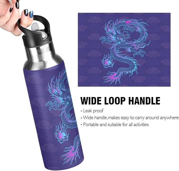 Blueangle 20oz Purple Chinese Dragon Water Bottle, BPA Free Stainless Steel Water Bottle Leak-Proof Sports Bottle for Camping Workouts Gym and Outdoor Activity