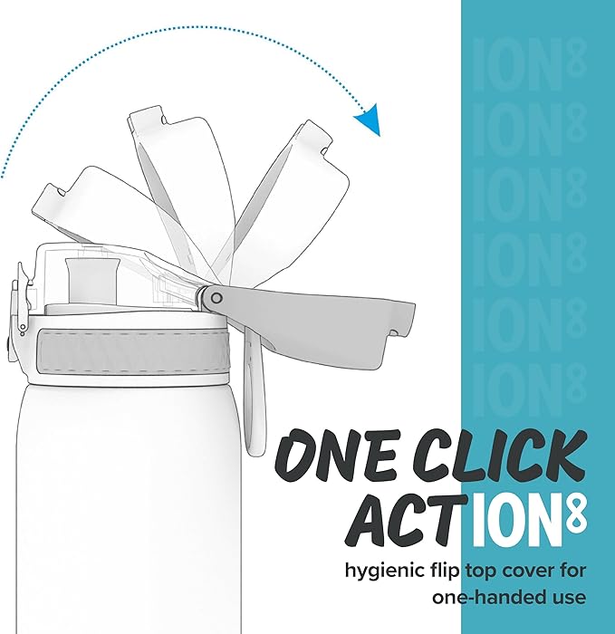 Ion8 Steel Water Bottle, 600 ml/20 oz, Leak Proof, Easy to Open, Secure Lock, Dishwasher Safe, Hygienic Flip Cover, Fits Cup Holders, Carry Handle, Durable, Carbon Neutral, Metallic Aqua