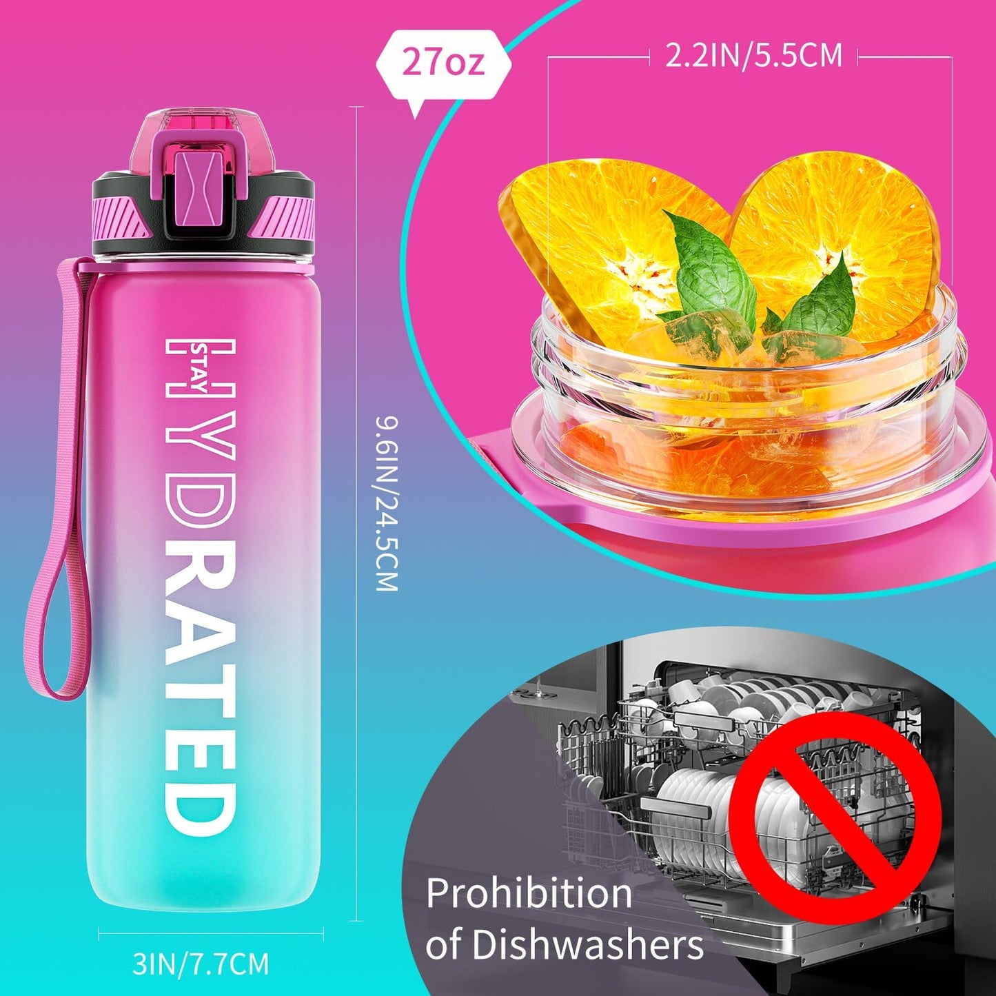 QLUR Water Bottle with Straw, 27 oz Motivational Water Bottles with Time Marker to Drink, Tritan BPA Free, 800ml Sports Water Bottle with Carry Strap LeakProof for School Fitness Outdoor (1Pack)