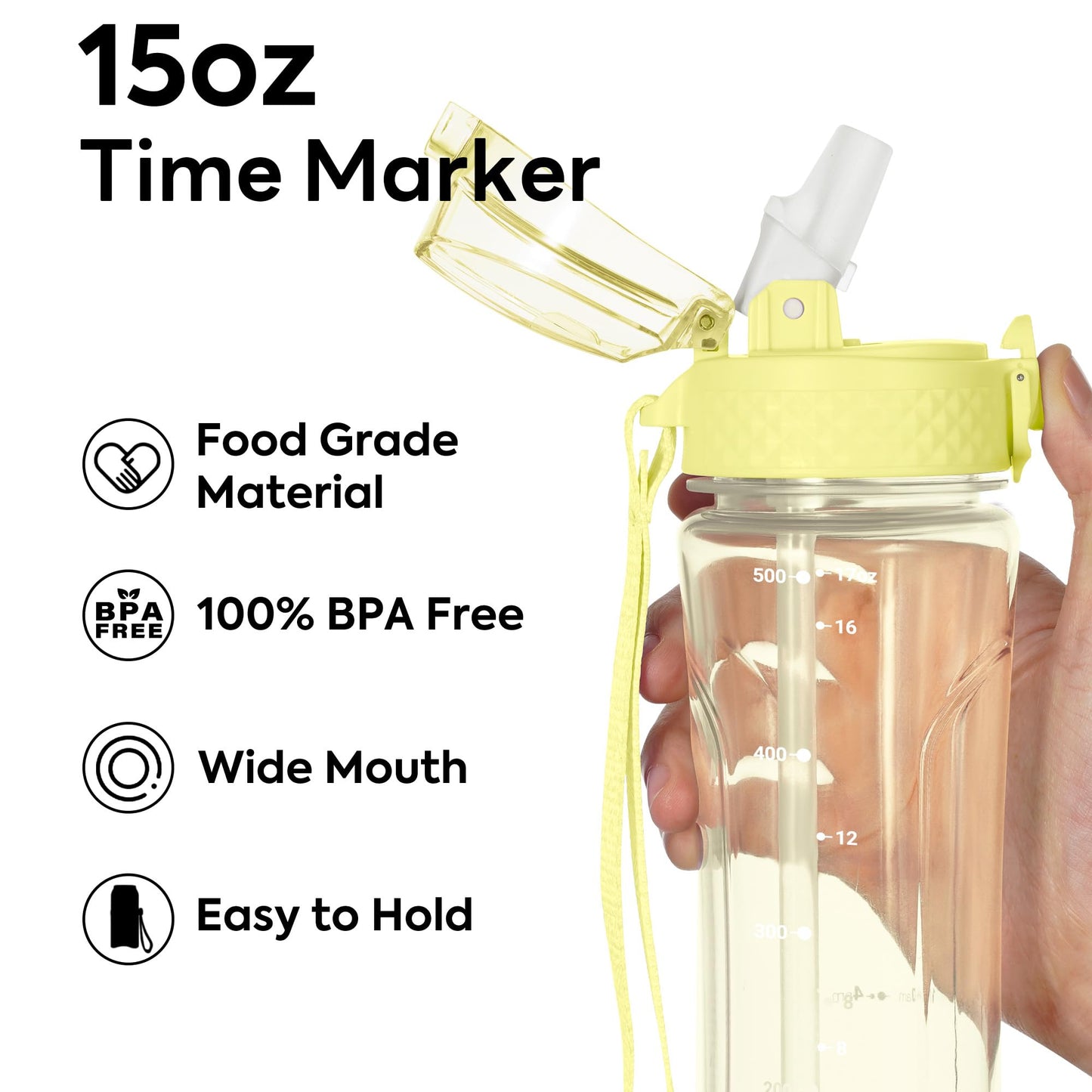 OLDLEY Kids Water Bottle with Straw 15 oz BPA-Free Leak-Proof Motivational Water Bottles with Time Marker for School Sports Travel Gym, Easy to Use for Girls Goys, 1 Straw Lid, Transparent-yellow