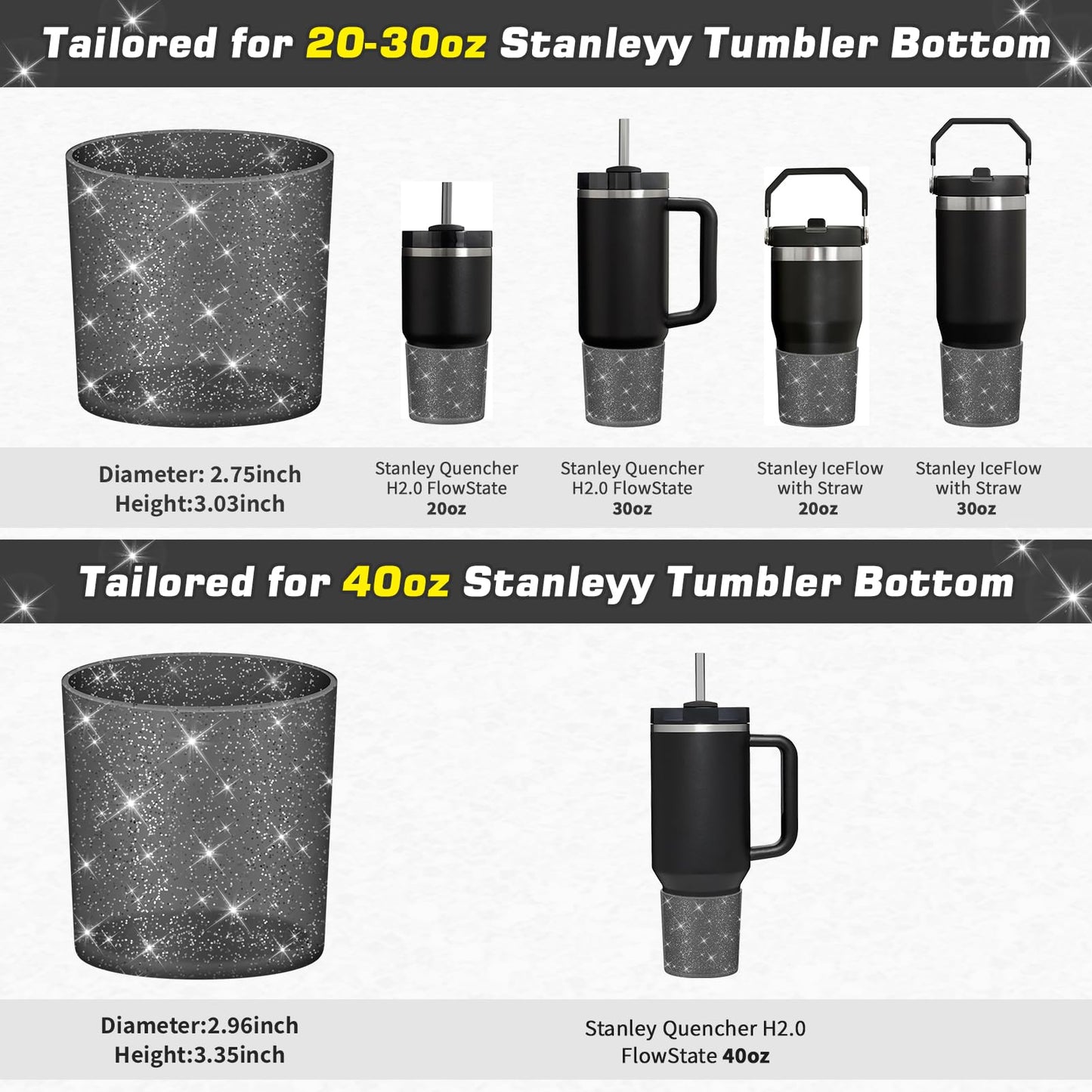 WUQID Glitter Higher Silicone Boot Compatible with Stanley Quencher H2.0 40oz 30oz 20oz & IceFlow Flip 30oz 20oz, Tumbler Cups Anti-Slip Bottom Sleeve Cover