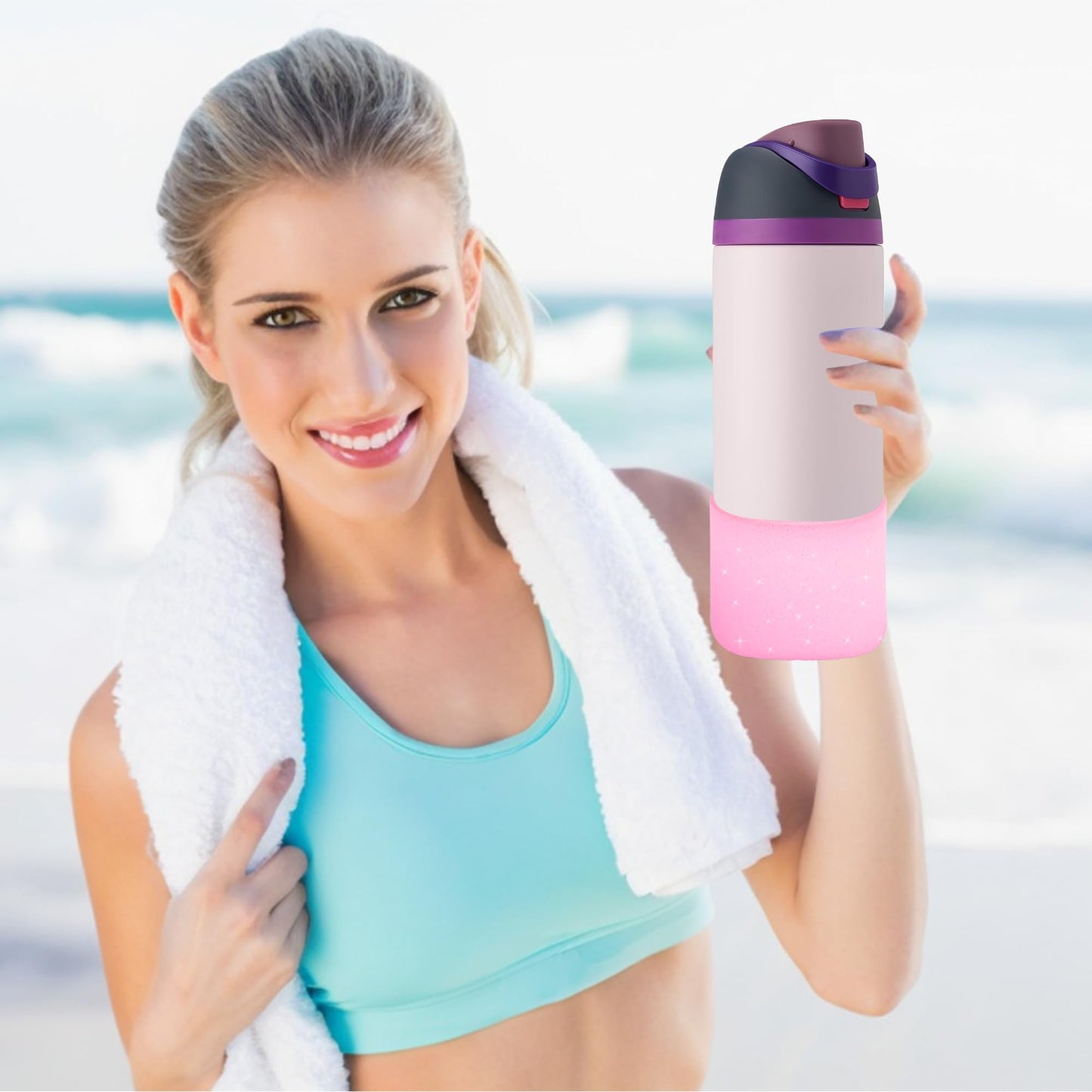 2PCS Silicone Water Bottle Boot for Owala 24oz 32oz 40oz,Anti-Slip Protective Sleeve Bottom Bumper Protector for FreeSip, Twist, and Flip Stainless Steel Water Bottles (Clear Glitter Pink, 24oz)
