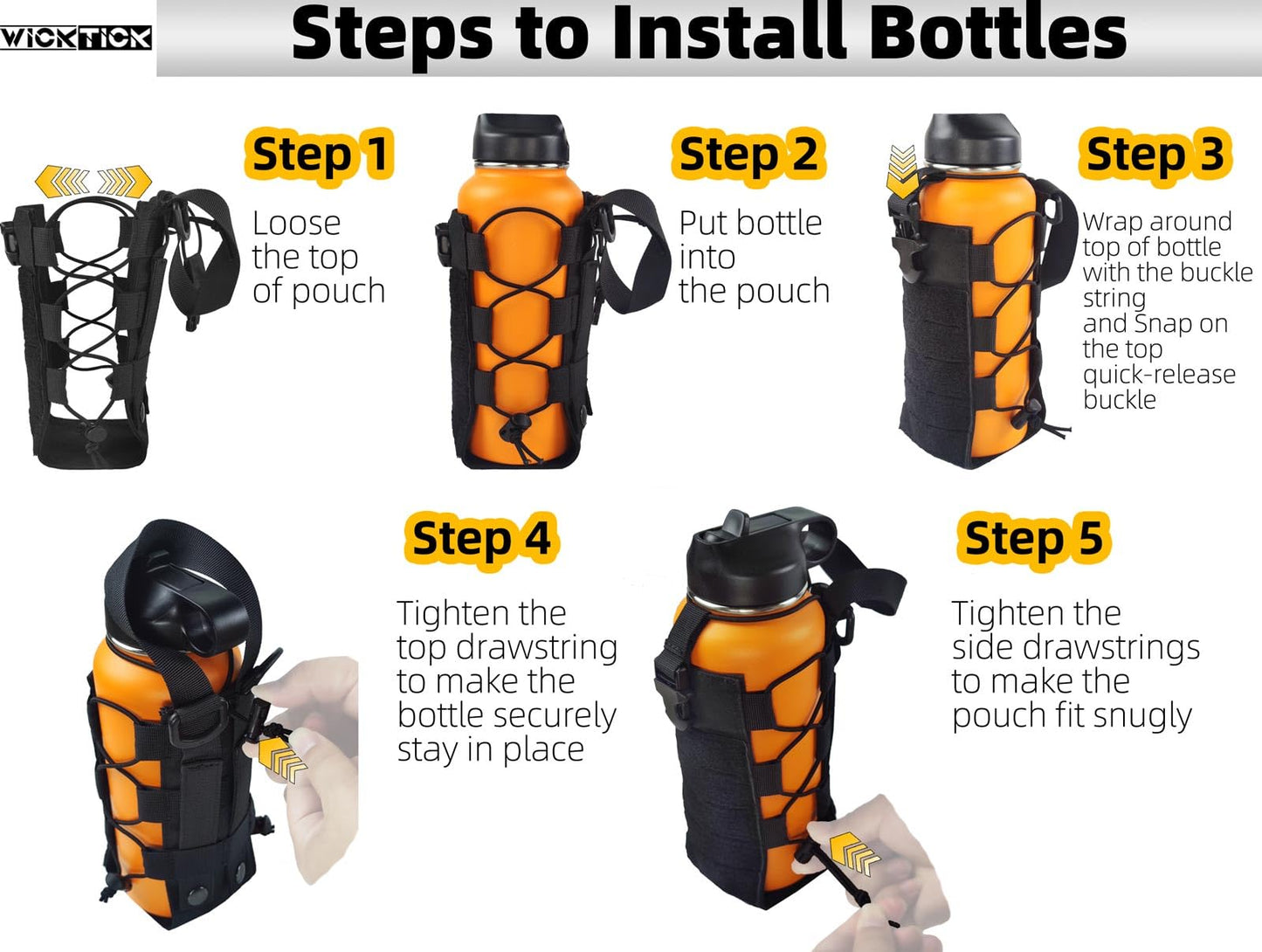 WICKTICK Molle Water Bottle Holder Pouch 16 24 32 40 64 oz - Multi-Purpose Tactical Fuel Bottle Bag, Adjustable Size for Outdoor Activities, Adapted to Backpack/Vest/Belt (Brown, Classic)