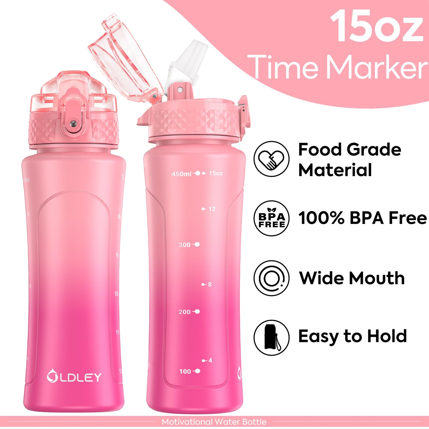 OLDLEY Kids Water Bottle with Straw 15 oz BPA-Free Leak-Proof Motivational Water Bottles with Time Marker for School Sports Travel Gym, Easy to Use for Girls Goys, 1 Straw Lid, Pink Purple