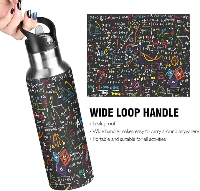 ALAZA Mathematics Education Geometrical Plots Formulas Water Bottle With Straw Lids Boys Girls,Vacuum Insulated Leakproof Stainless-Steel Sports Bottle Thermal Flask For Gym Yoga Camping,20Oz (600Ml)