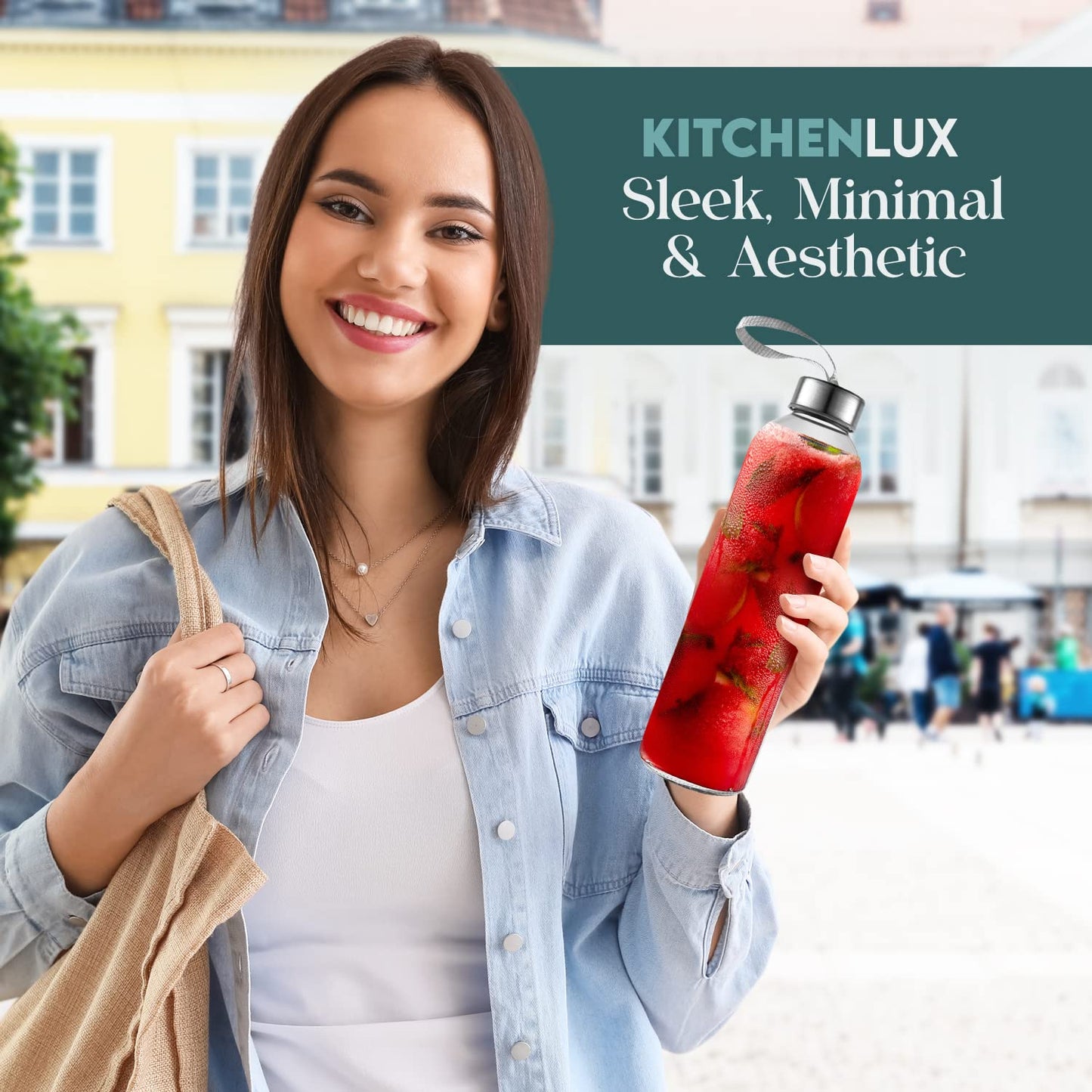 Kitchen Lux 32 oz Glass Water Bottle Set of 12 - Glass Water Bottles Caps & Sleeve, Reusable Glass Bottle Lids, Clear Glass Bottles, Refillable Glass Juice Bottles for Juicing, Juicer Bottles